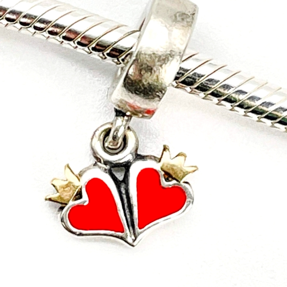 Authentic Pandora charm dangle " Heart & Crowns " 14K silver and red enamel